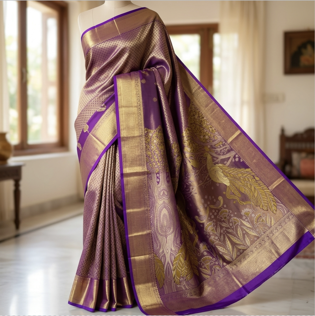 Dusty Rose Peacock Zari Saree