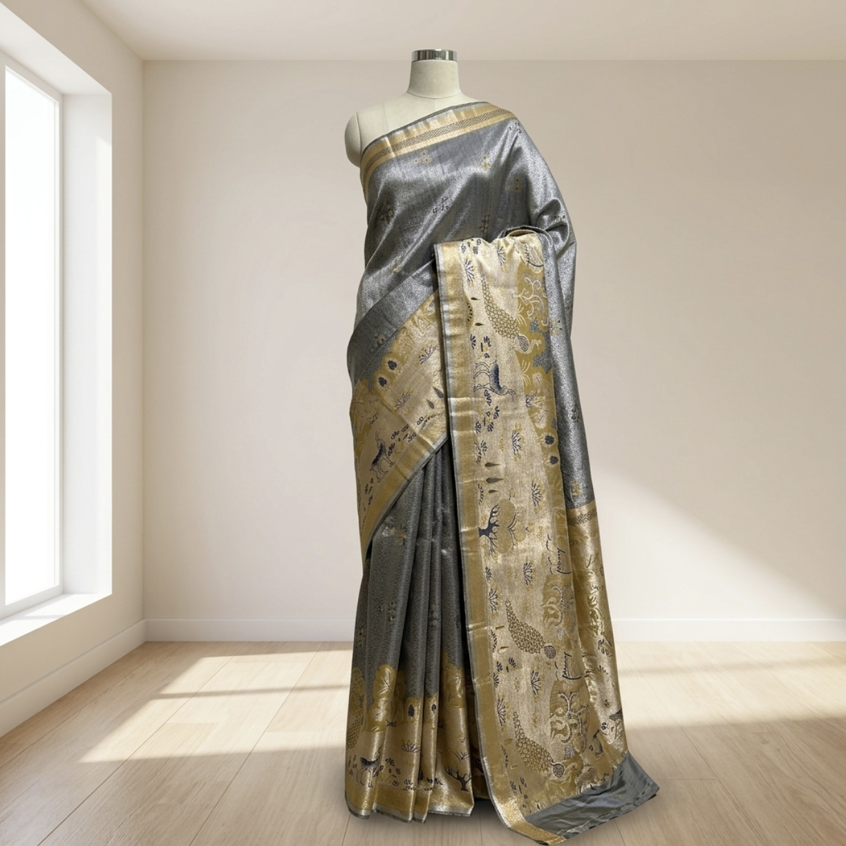 Silver Grey Regal Zari Saree