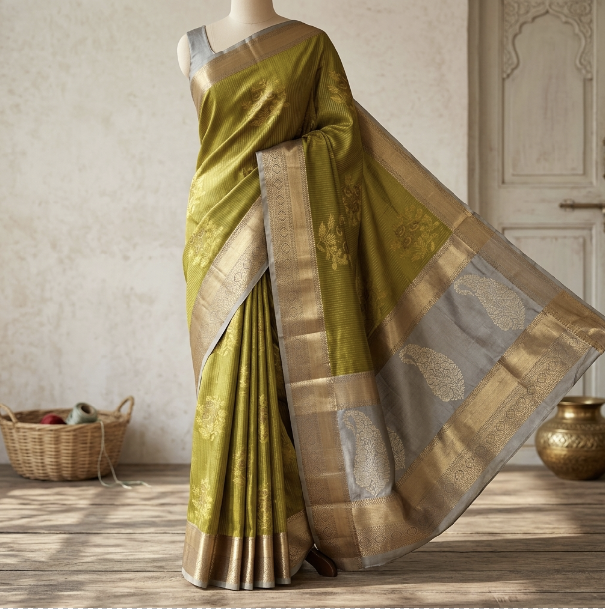 Olive Green Temple Semi Silk Saree