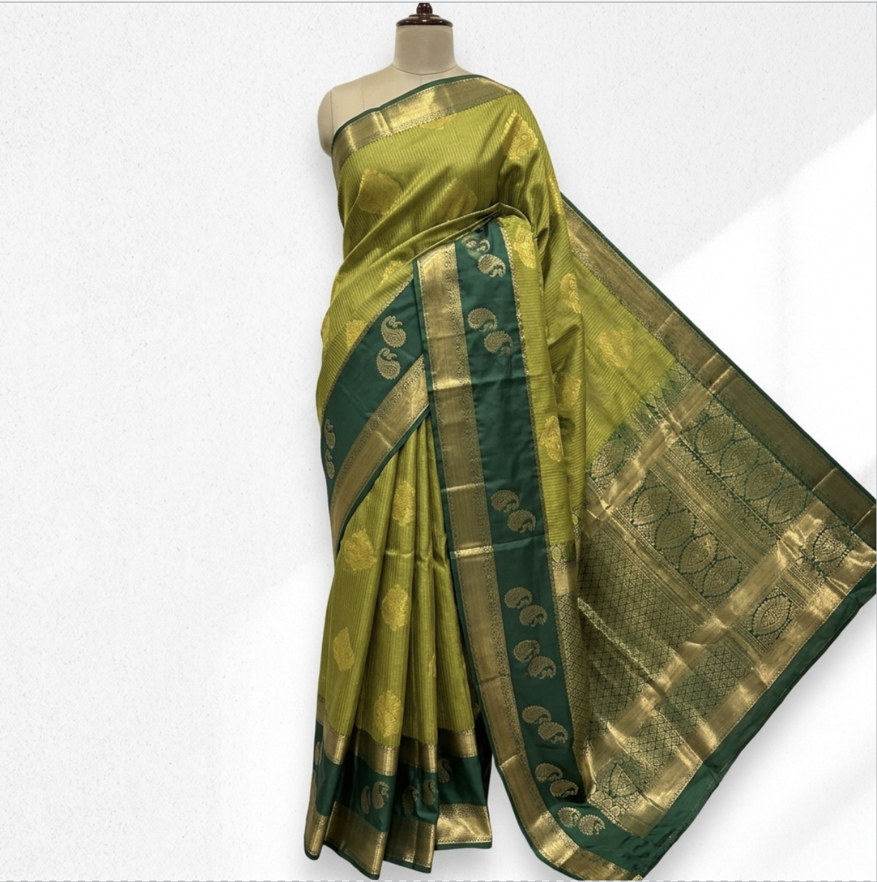 Lime Green Temple Semi Silk Saree